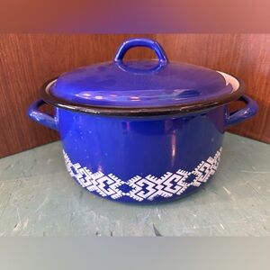 Large vintage cobalt blue enamel pot and lid